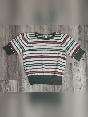 Liz Claiborne White Crewneck Sweater with Green, Red and Orange Stripes